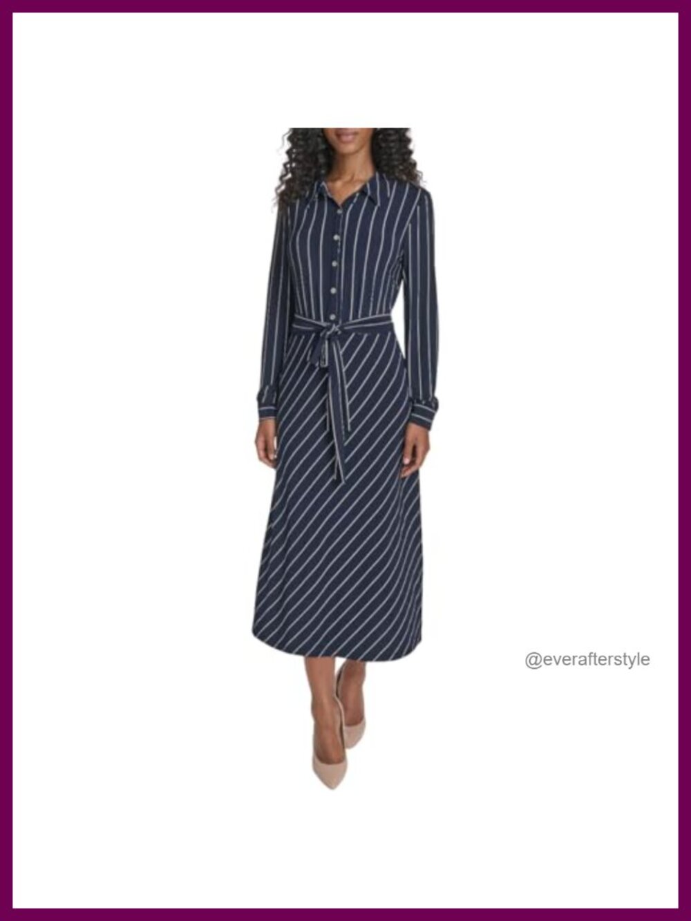 Women's Long Sleeve Collared Tie Waist Midi Shirt Dress Business Casual